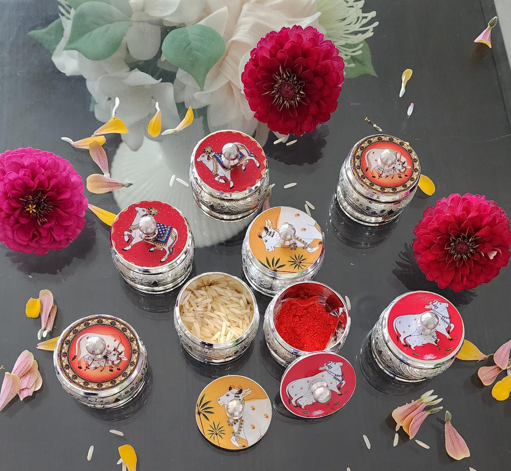 Handcrafted Enamel Haldi Kumkum Dibbi: German Silver Pichwai, Wedding Favor.