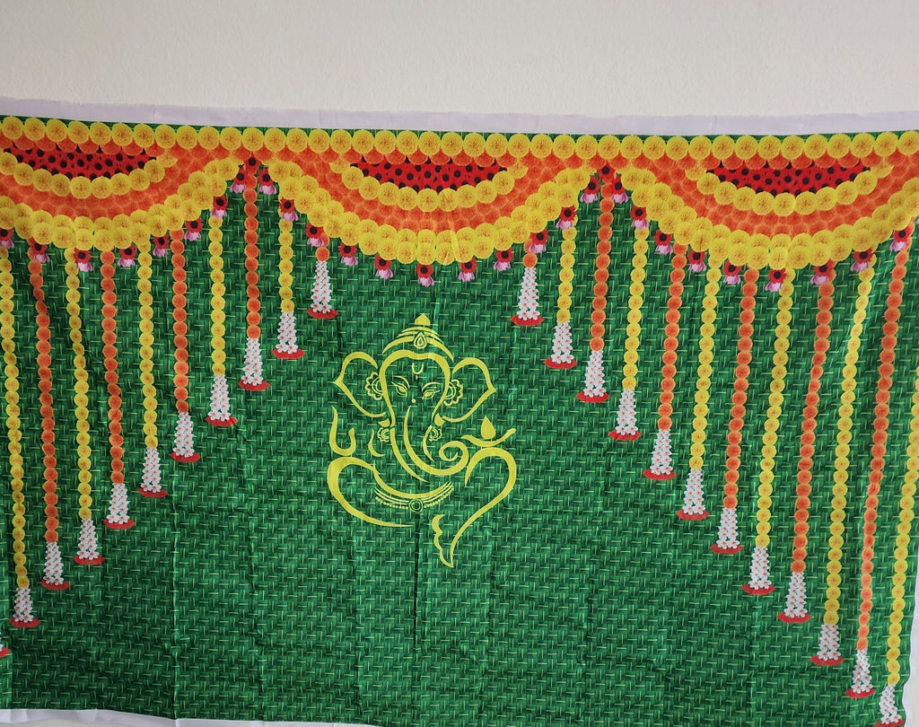 Lord Ganpati Pooja Backdrop Cloth: Traditional Housewarming Decor (8ft x 5ft).