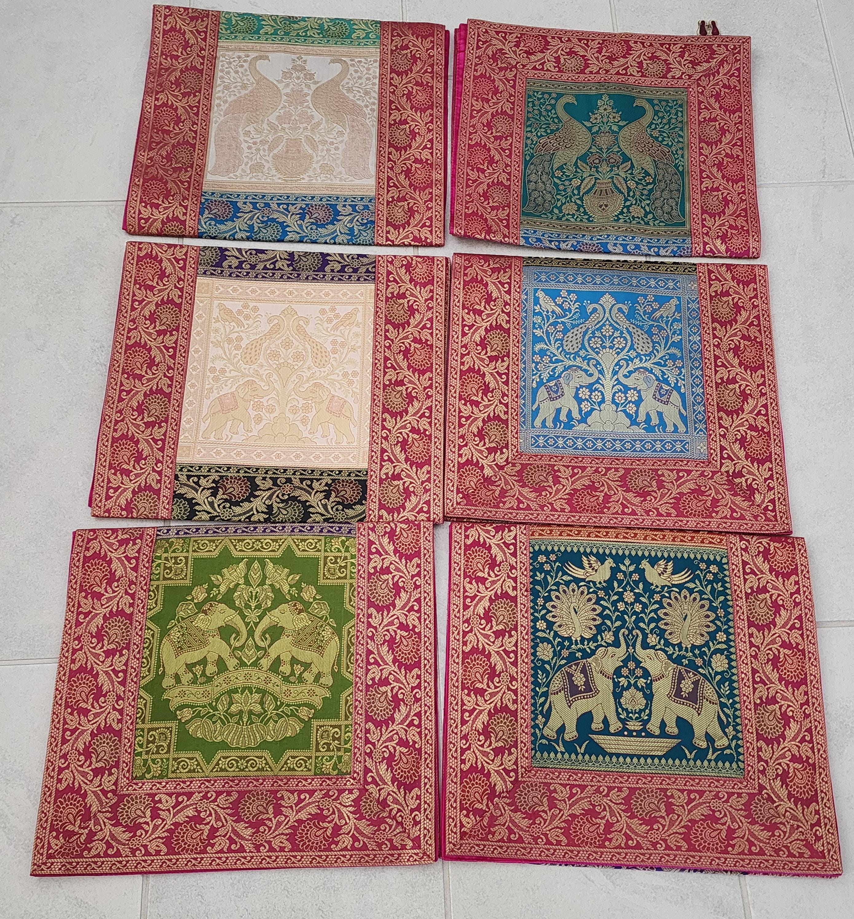 Elephant with peacock Print Silk Brocade Table Runner: Indian Decor (16X60 Inch)