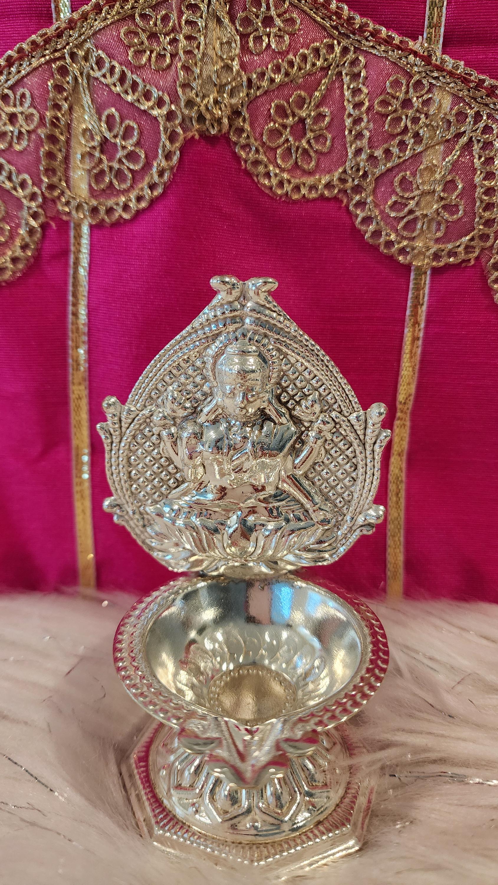 Handmade German Silver Ganesha Lakshmi Diya Set - 4" Diwali Deepam Lamp.