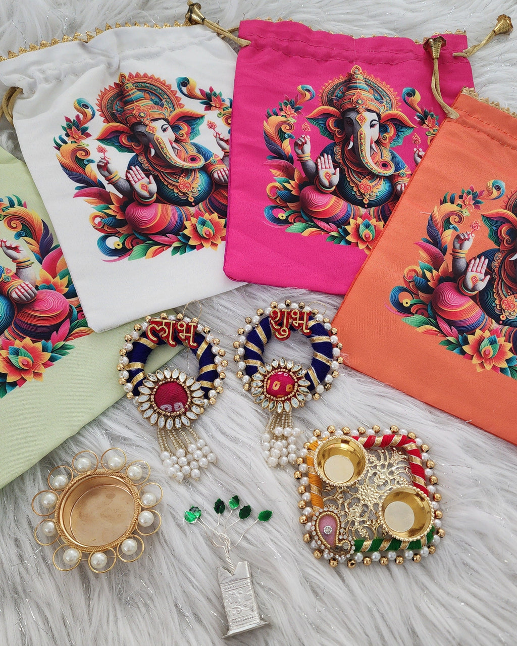 Diwali Potli Bag Set: Pooja Favors, Housewarming Gifts (5 Pcs)