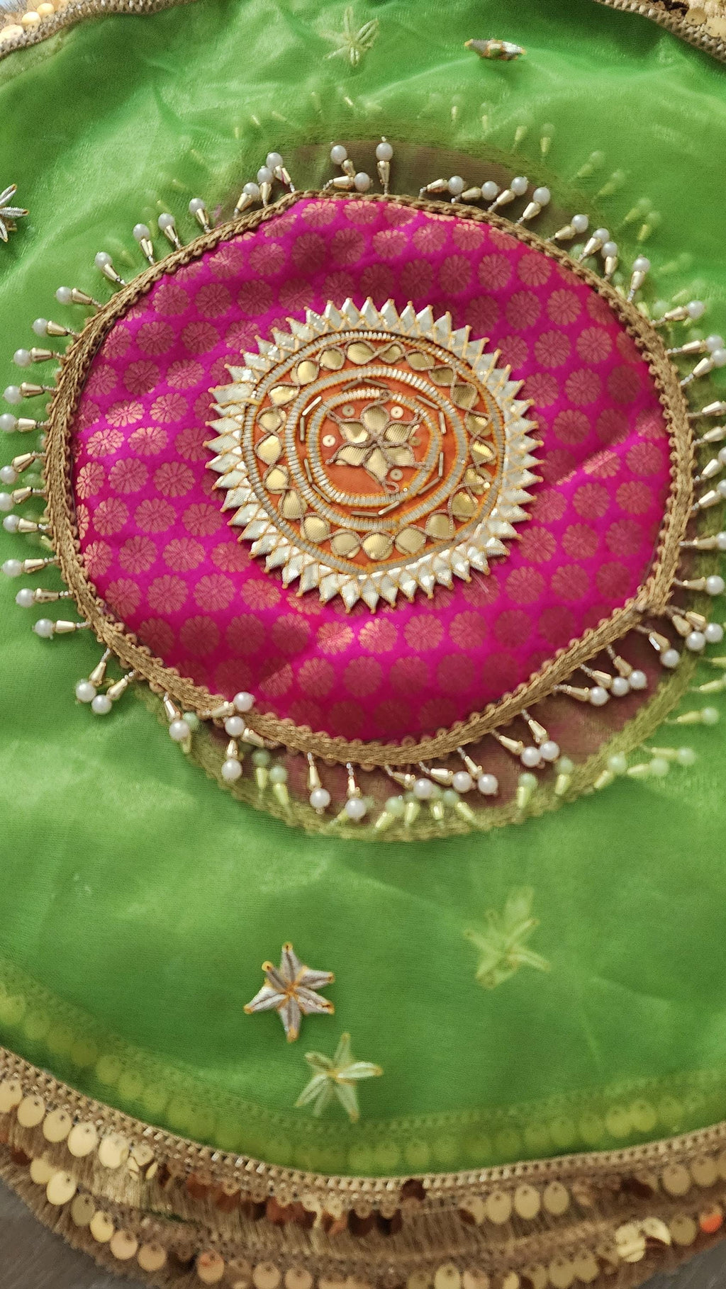 Handmade Organza Thali Cover: Indian Wedding Decor, Gota Embellished (21 inches)