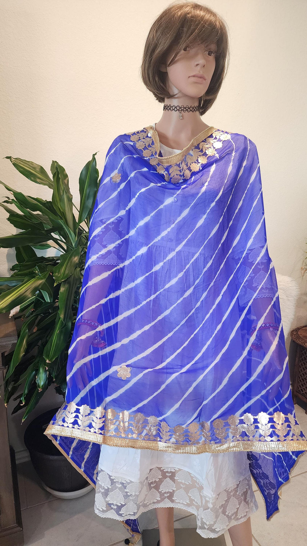 Rajasthani Lahariya Chiffon Dupatta: Lace & Latkan Wedding Scarf
