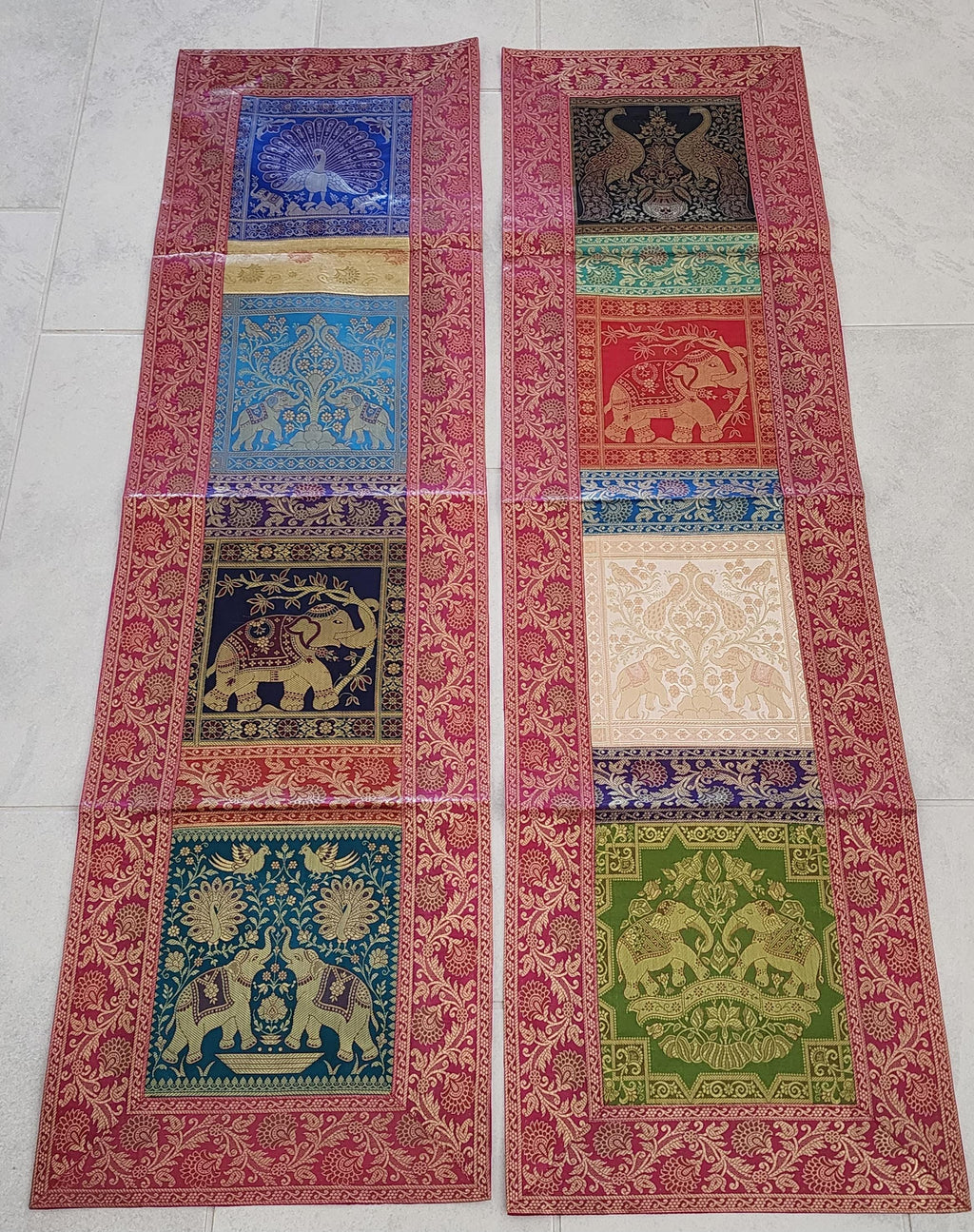 Elephant with peacock Print Silk Brocade Table Runner: Indian Decor (16X60 Inch)