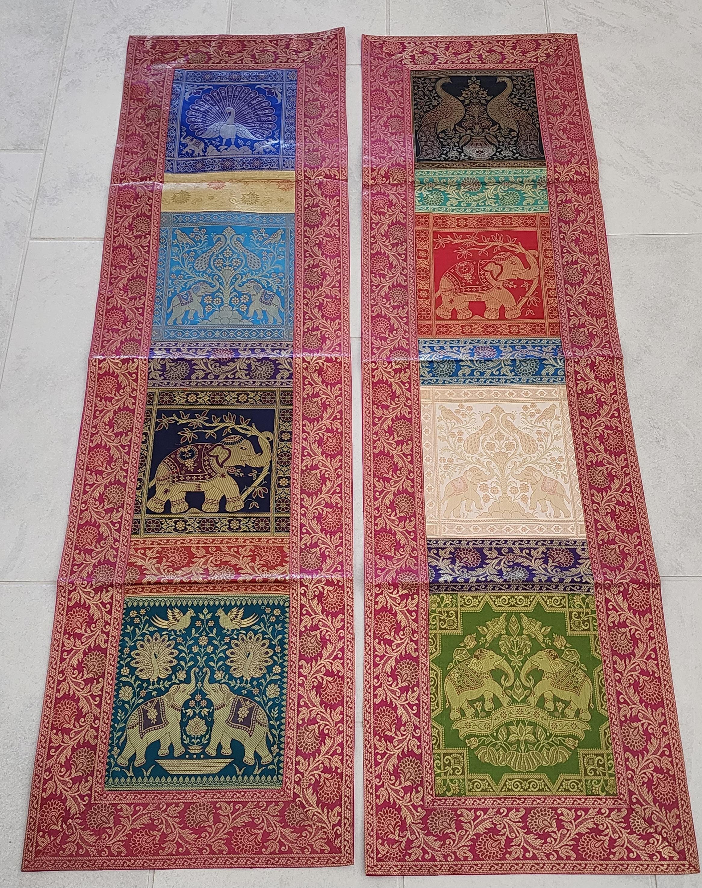 Elephant with peacock Print Silk Brocade Table Runner: Indian Decor (16X60 Inch)