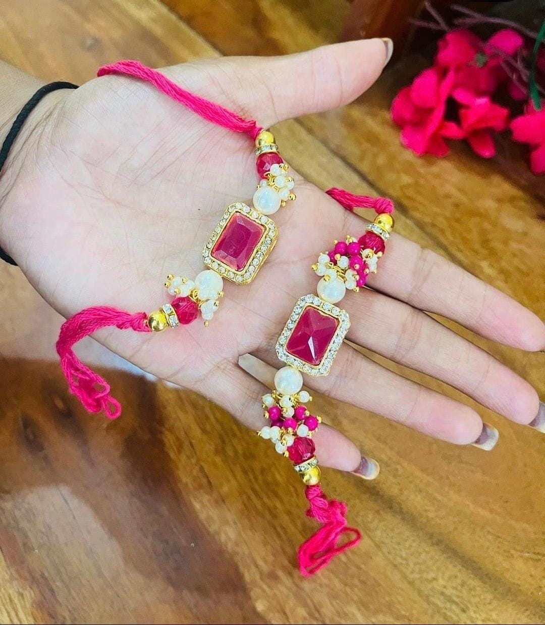 Handmade Kundan Rakhi Set: Pearl Chain Couple Rakhsha Bandhan