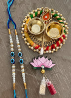 Handmade Rakhi Set: Evil Eye Rakhi, Haldi Kumkum Plate, Roli Chawal