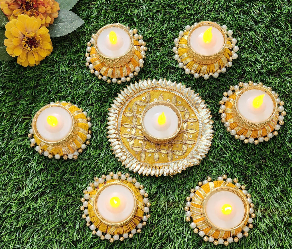 Handmade Gotta Work Rangoli Set: Diwali Tealight Candle Holders