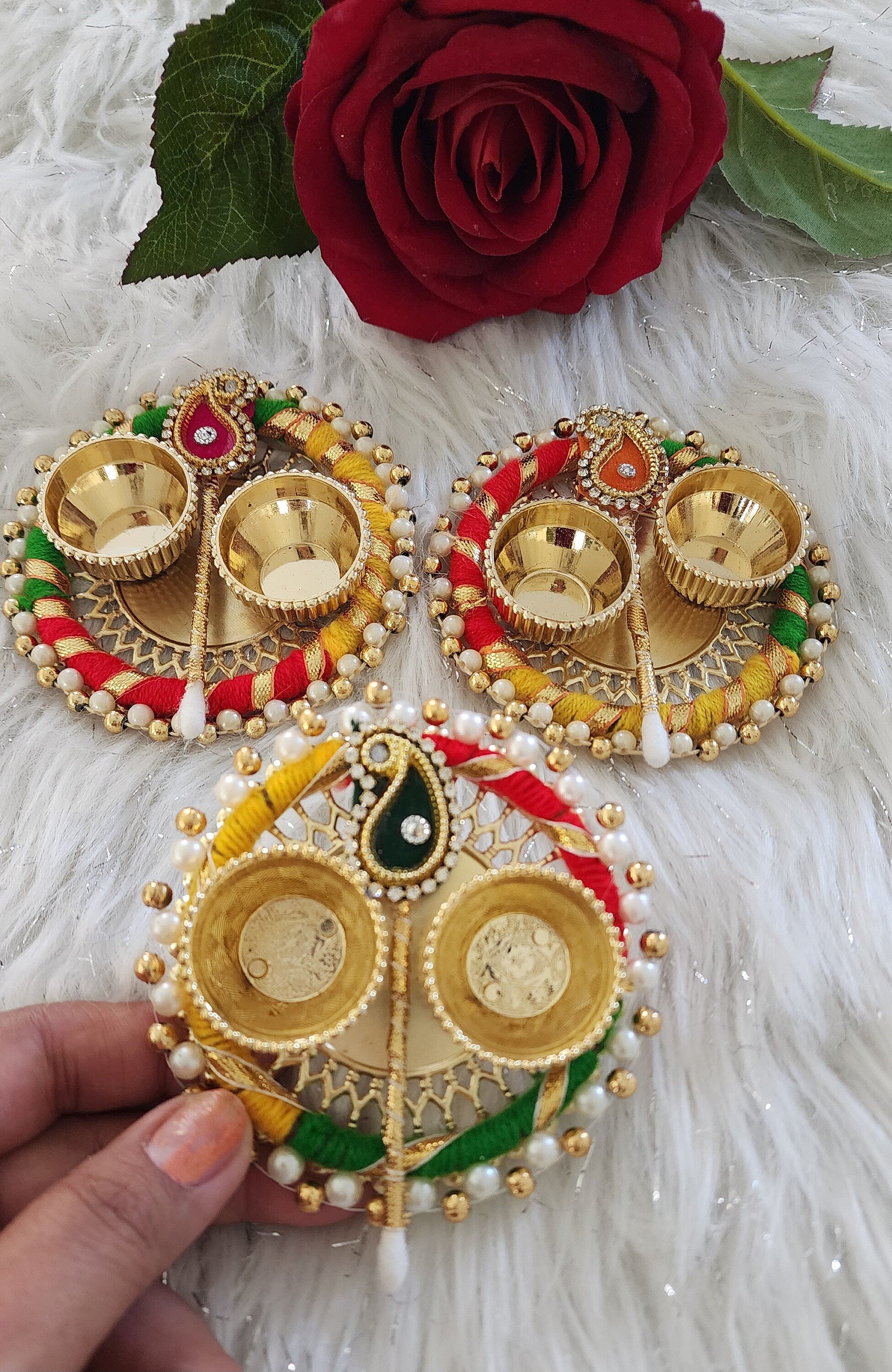 Handcrafted Multicolor Haldi Kumkum Plate: Pooja Favor with Stick
