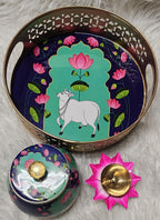 Pichwai Art Metal Tray Set: Nandi Cow Design, Indian Home Decor.