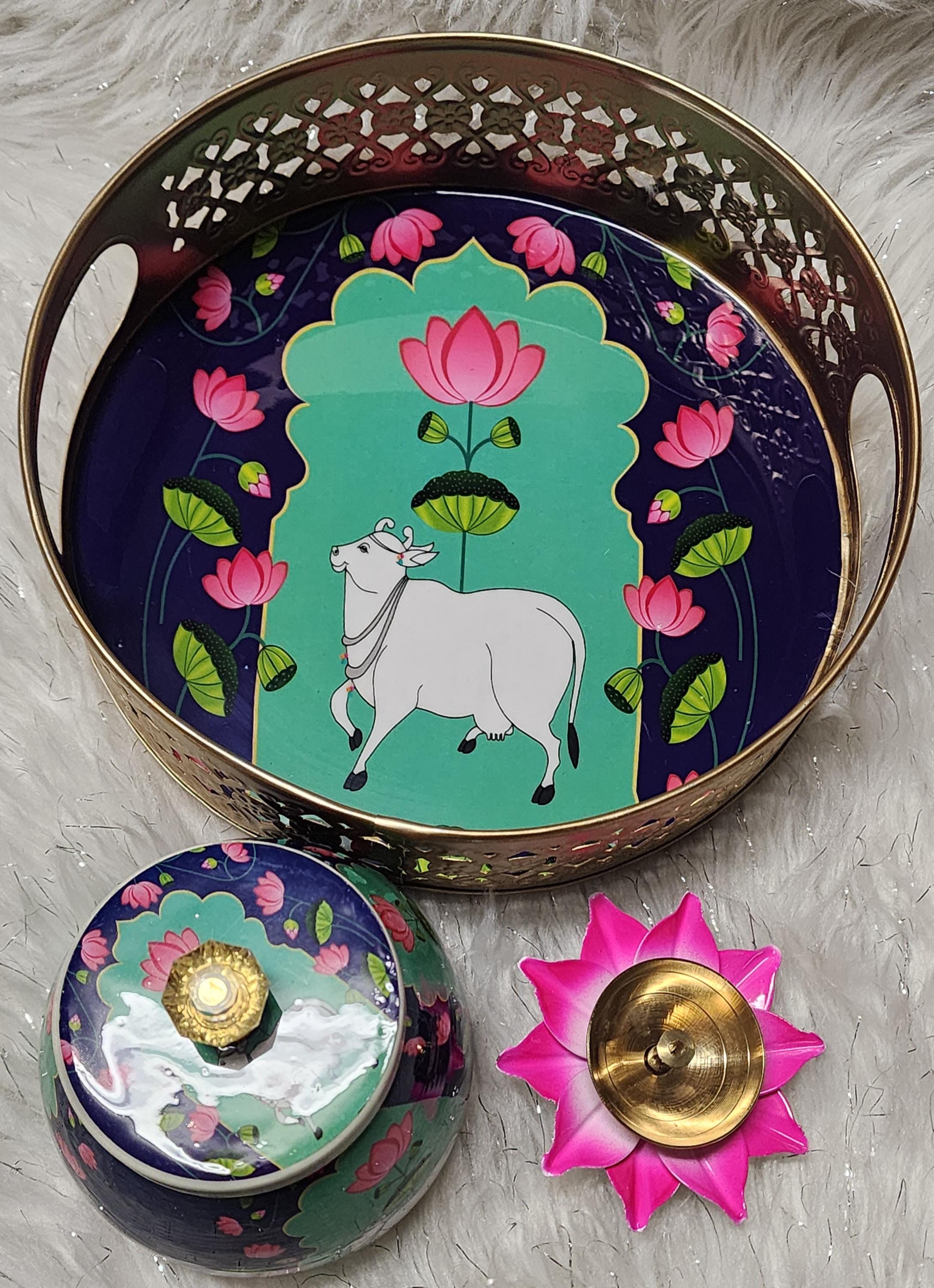 Pichwai Art Metal Tray Set: Nandi Cow Design, Indian Home Decor.