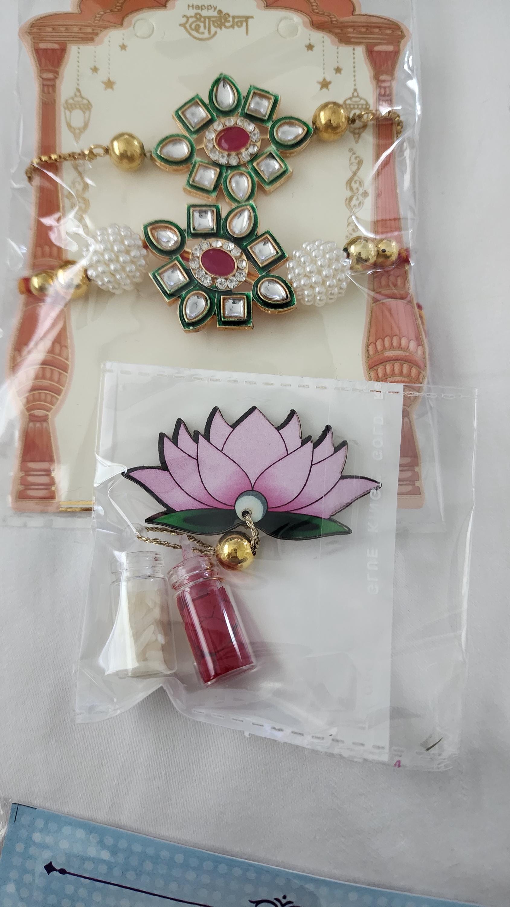 Handmade Kundan Rakhi Set: Pearl Chain Couple Rakhsha Bandhan